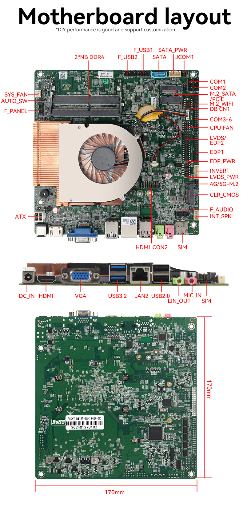 Раптор Лейк Интел 13-е поколение материнской платы i5-1340P DDR4 RAM Single LAN 6COM