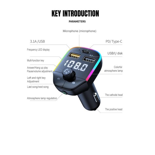 Bluetooth 5.0 Car FM Transmitter 12W With 3 Port Fast Charging 7 Colors LED Backlit