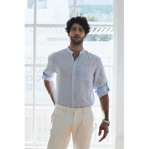 Multicolored Woven Custom Mens Casual Linen Shirts Banded Collar Standard Fit