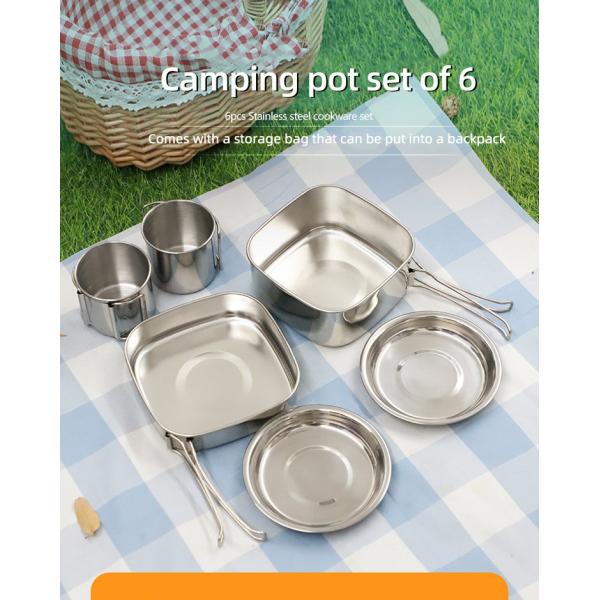 Lightweight Backpacking Outdoor Kitchen Picnic Pot Pan Stainless Steel 6 PCS Camping Cookware Set For Out Door Hiking