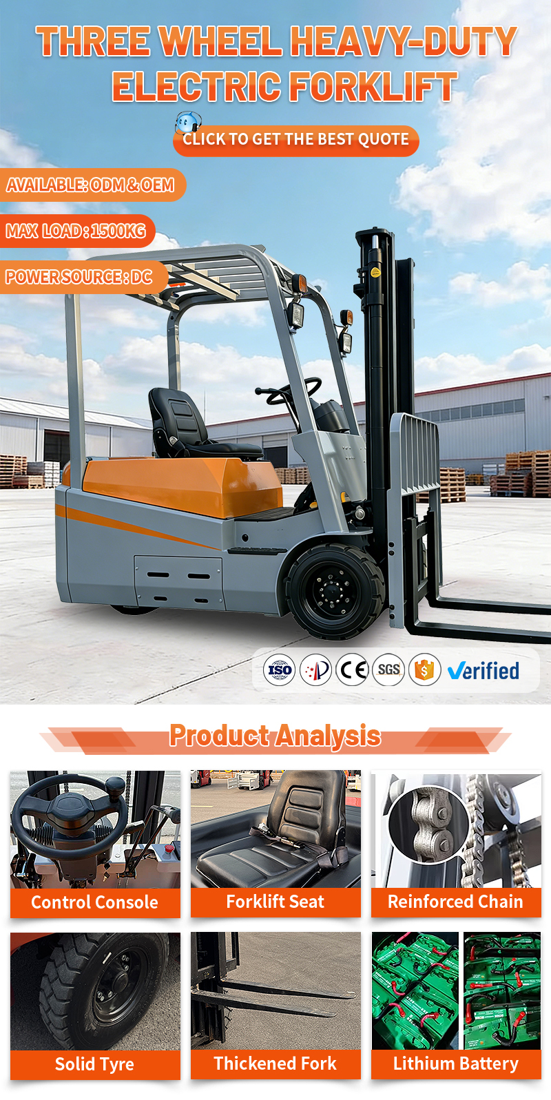 3 Wheel Counterbalance Forklift Machine Compact Sit Down Electric Industrial Materials Handler
