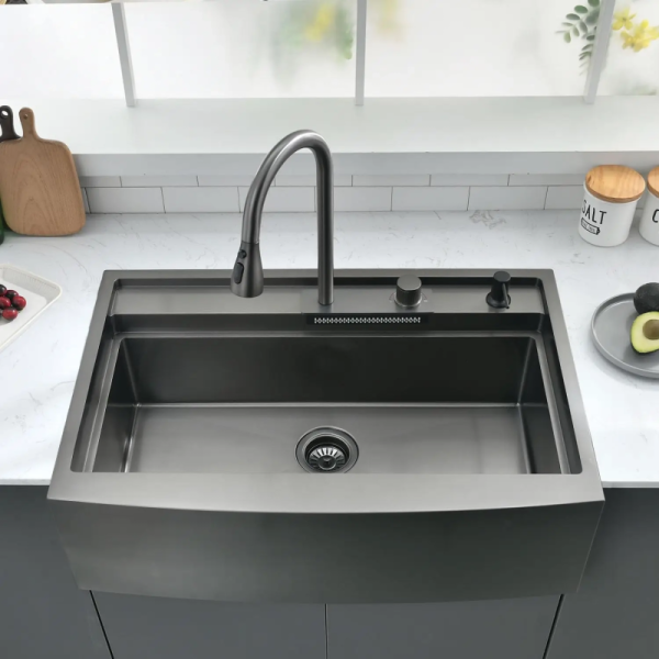 New Arrival Farmhouse Kitchen Sink Ledge WorkstationDeep Single Bowl Stainless Steel Under Counter KitchenSink with Waterfall Faucet