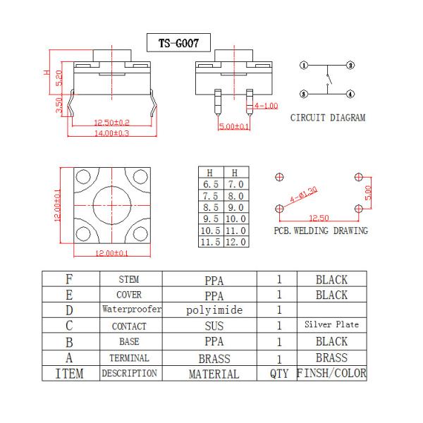 Black Thru Hole Waterproof Tactile Switch / Momentary Push Button Switch