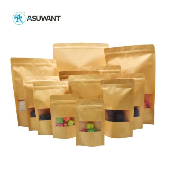 Biodegradable Kraft Paper Ziplock Bag With Window For Nuts Sugar Beef Jerky