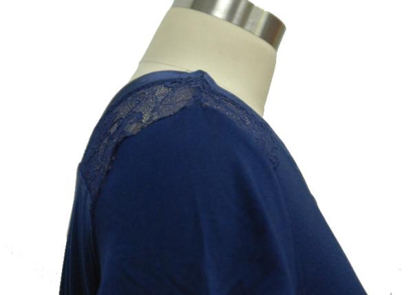 Navy Blue V Neck Short Sleeve T Shirt  , Plus Size Womens Dressy T Shirts Lace Shoulder