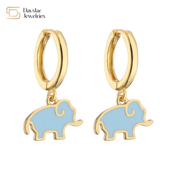 Cute Colorful Enamel Elephant Bear Mushroom Pendant Charm Hoop Earrings 18k