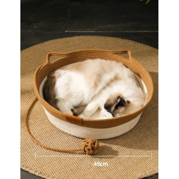 Handmade All-Season Cat Bed Solid Pattern Rattan Woven Pet Nest Winter Warm Removable Washable Pad Scratch Board Small Animals