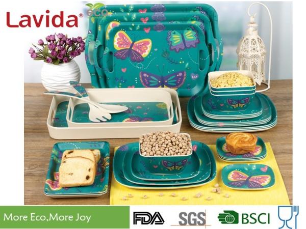 Colorful Tropical Butterfly Style Bamboo Dinnerware Set Eco - Friendly For Indoor / Outdoor