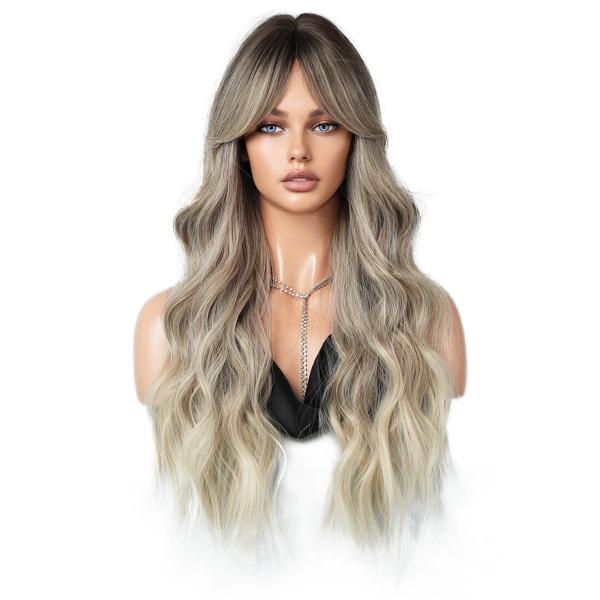 Fashion Long Body Wave Dark Root Hair Two Tone Blonde Synthetic Wigs For Women