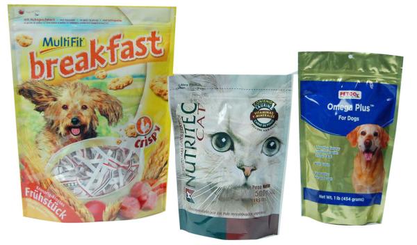 stand up pouch ,  flat bottom snack food plastic bags , pet food packaging bags