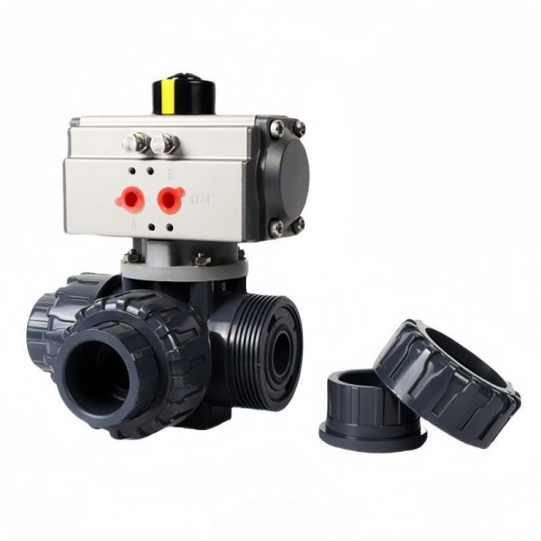 Industrial UPVC Pneumatic Three Way Ball Valve L T Flow Type Socket Union Anti Acid Alkali PVC Ball Valve for Chemical Industry