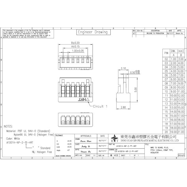1.00mm pitch wire to board connector  single dual row  A1001series PBT or PA66 material for Laptop
