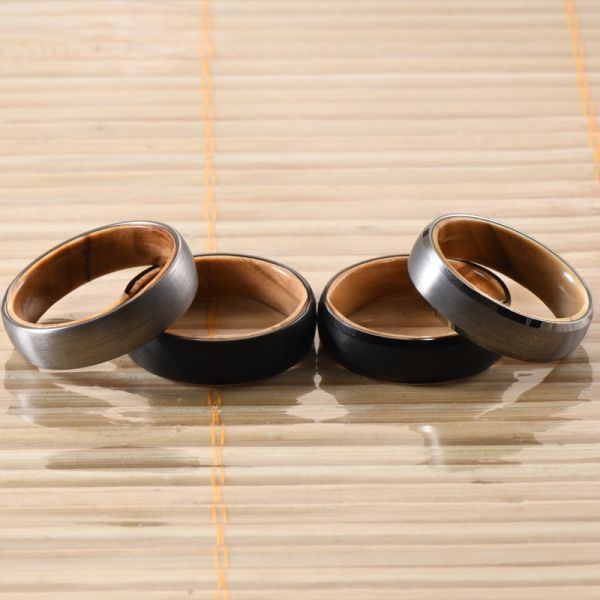 Jewelry Type Dome Style Comfort Fit Men's Wedding Ring with Olive Wood Inlay 6mm Silver or Black Tungsten Ring