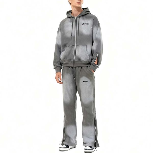 Custom Joggers Distressed Acid Wash Blank Men's Tracksuit Oversized Cotton Printed Embroidery Flared Hoodie and Sweatpants Set