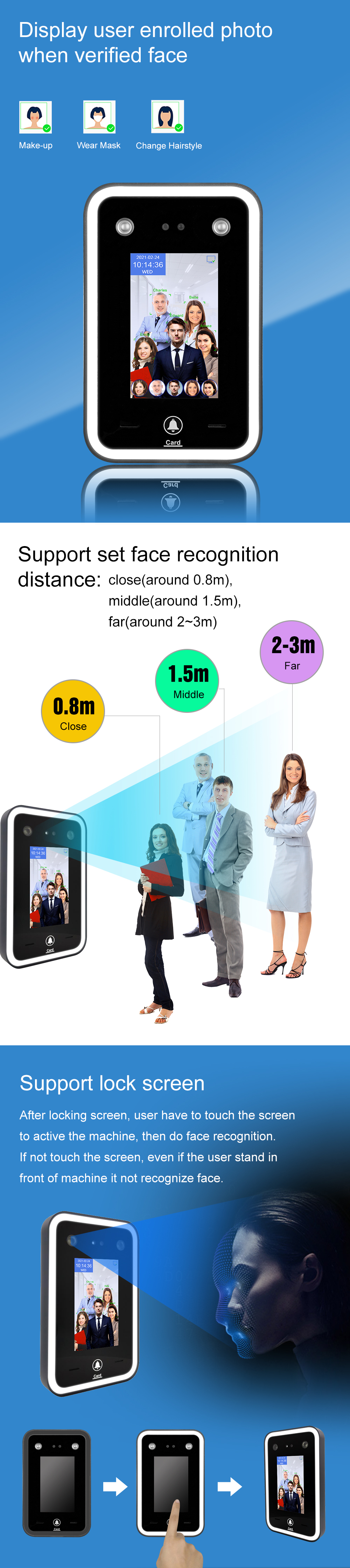 Wide Dynamic Face Recognition Fingerprint Time Attendance Terminal Free SDK