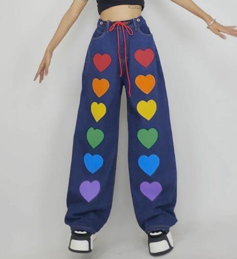 Small Quantity Clothing Factory Women'S Love Print Straight Leg Jeans With Tie-Up Trousers