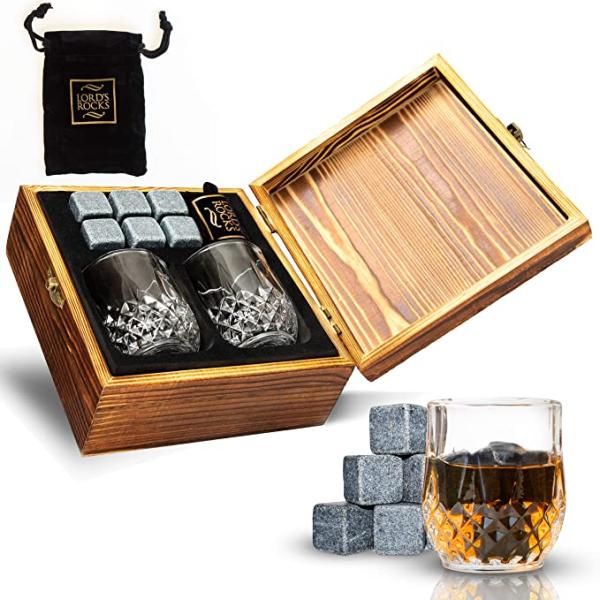 Caja de cócteles de granito de madera cristal de whisky vasos y piedras
