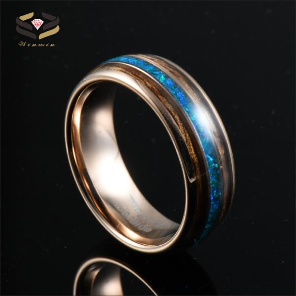 Wood and Opal Inlay 8mm Tungsten Ring in Rose Gold for Fashionable Religious Style Wedding Band