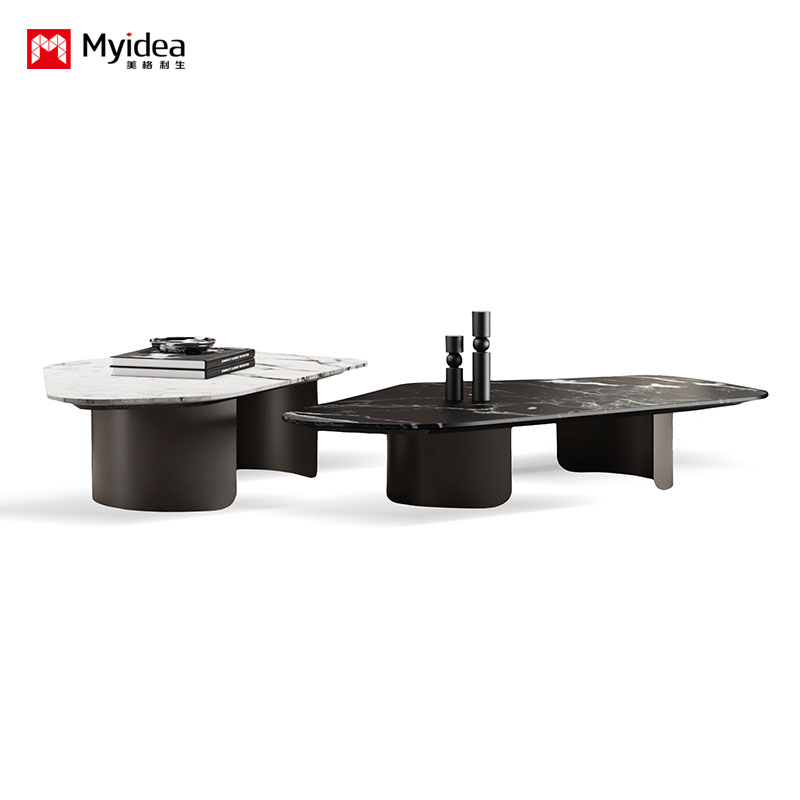 Commercial Office Coffee Table with Marble Surface and Metal Base, Stylish Center Table for Reception Area & Waiting Room