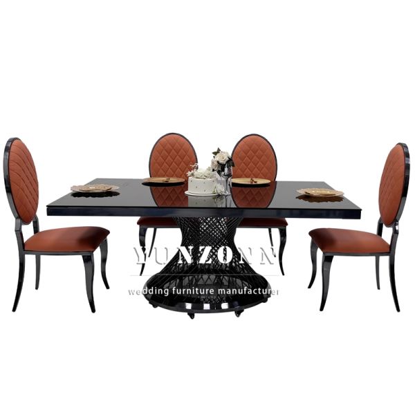 Hotel Banquet Glass Top Black Dining Table Stainless Steel Rectangle Metal Wedding Table