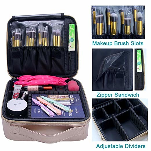 Rose Gold Travel Makeup Train Case , Makeup Storage Bag With Adjustable Shoulder Strap