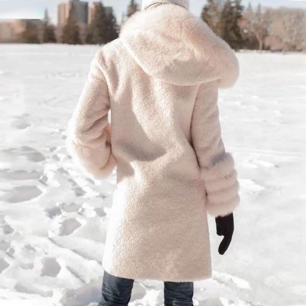 Cream Blush Sheepskin Faux Fur Fluffy Coat with Faux Fox Fur Trim