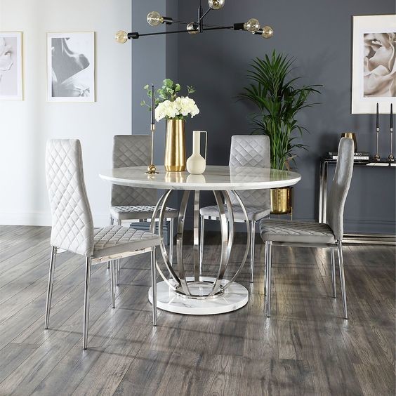 Savory Marble Top Stainless Steel Silver Dining Table With Chairs Set H75cm