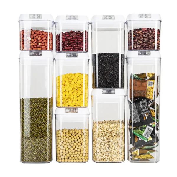 9 Pcs Set Stackable Transparent Pantry Airtight Cereal Dry Food Plastic Storage Containers with White Lid