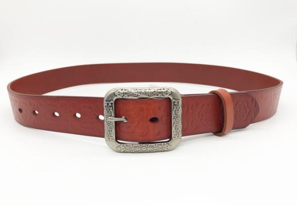 Flower Pattern Square Buckle Embossed Leather Belt Custom Design Red / Orange Color