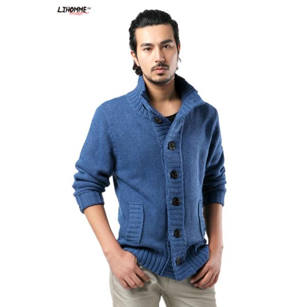 Autumn Winter Men's Stand Collar Sweater with Thick Needle and Single Breasted Buckle
