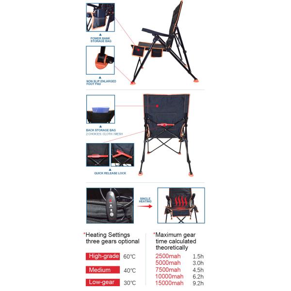 Heated Outdoor Folding Camping Chair Black Steel Pipe 23''x33''x39''