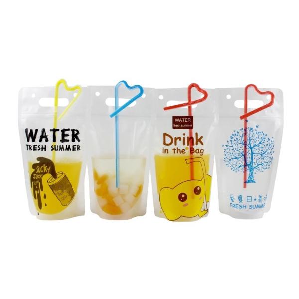 Clear Drink Pouch Heavy Duty Hand-held Reclosable Zipper Heat-proof Plastic Stand Up Juice Pouch With Straws