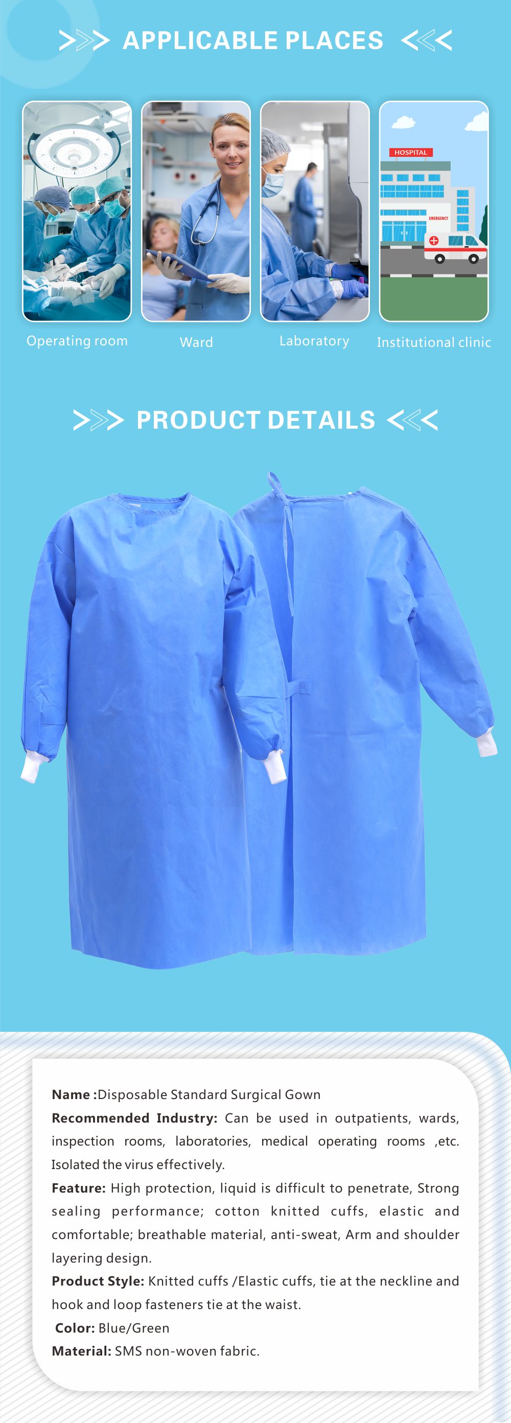 30-45g SMS Non-woven Fabric Disposable Gown Suit EOS Sterilized CE Certified Adjustable Hook-and-Loop Closure