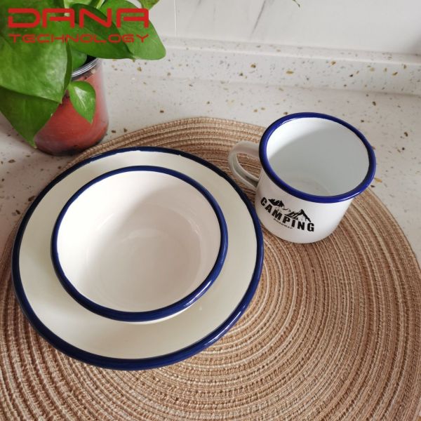 Outdoor Traveling Classic Decal Enamel Tableware Carbon Steel Mugs Bowls Plate EU FDA