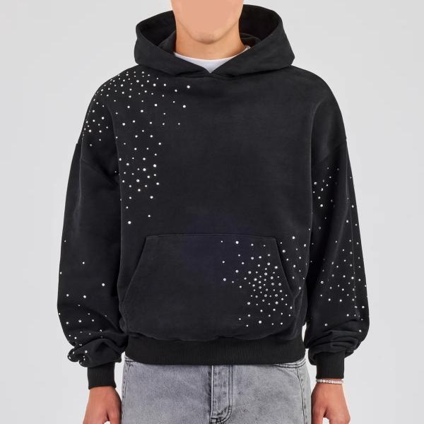 Custom Pullover Hoodie Men Streetwear Embroidery Logo Vintage Acid Wash Oversized Drop Shoulder Rhinestone Hoodie
