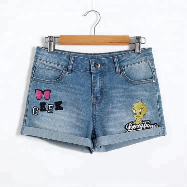 Summer Teen Girl Jean Shorts With Pockets , Mid Waist Girls Stretch Denim Shorts