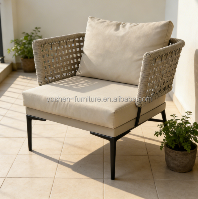 Modern Handwoven Rope Lounge Chair with Matching Cushion Set Black Frame for Hotel Resort Villa