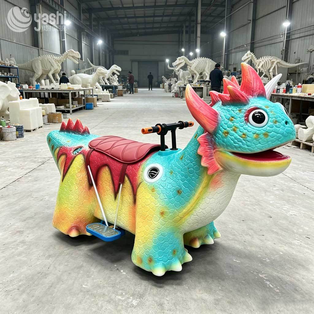 Coin Operated Triceratops Kids Electric Ride On Car, Fiberglass Commercial Dinosaur Amusement Scooter for Shopping Mall & Playground