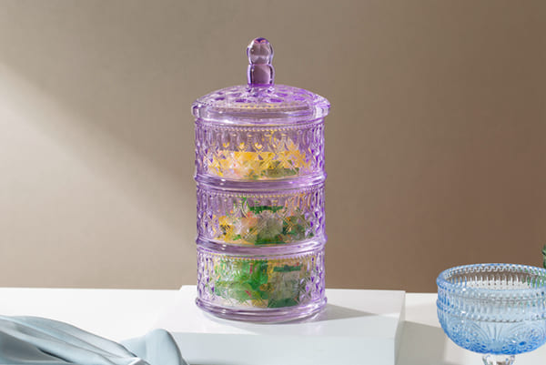 Purple Stacking Clear Glass Storage Jar 10 Inch Height Three Tier Glass Candy Dish