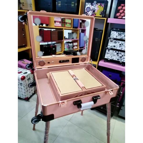 Makeup Case Adjustable Stand Legs Heavy Duty Suitcase Led Light Mirror Cosmetic Rolling 4 Wheels Trolley Makeup Case