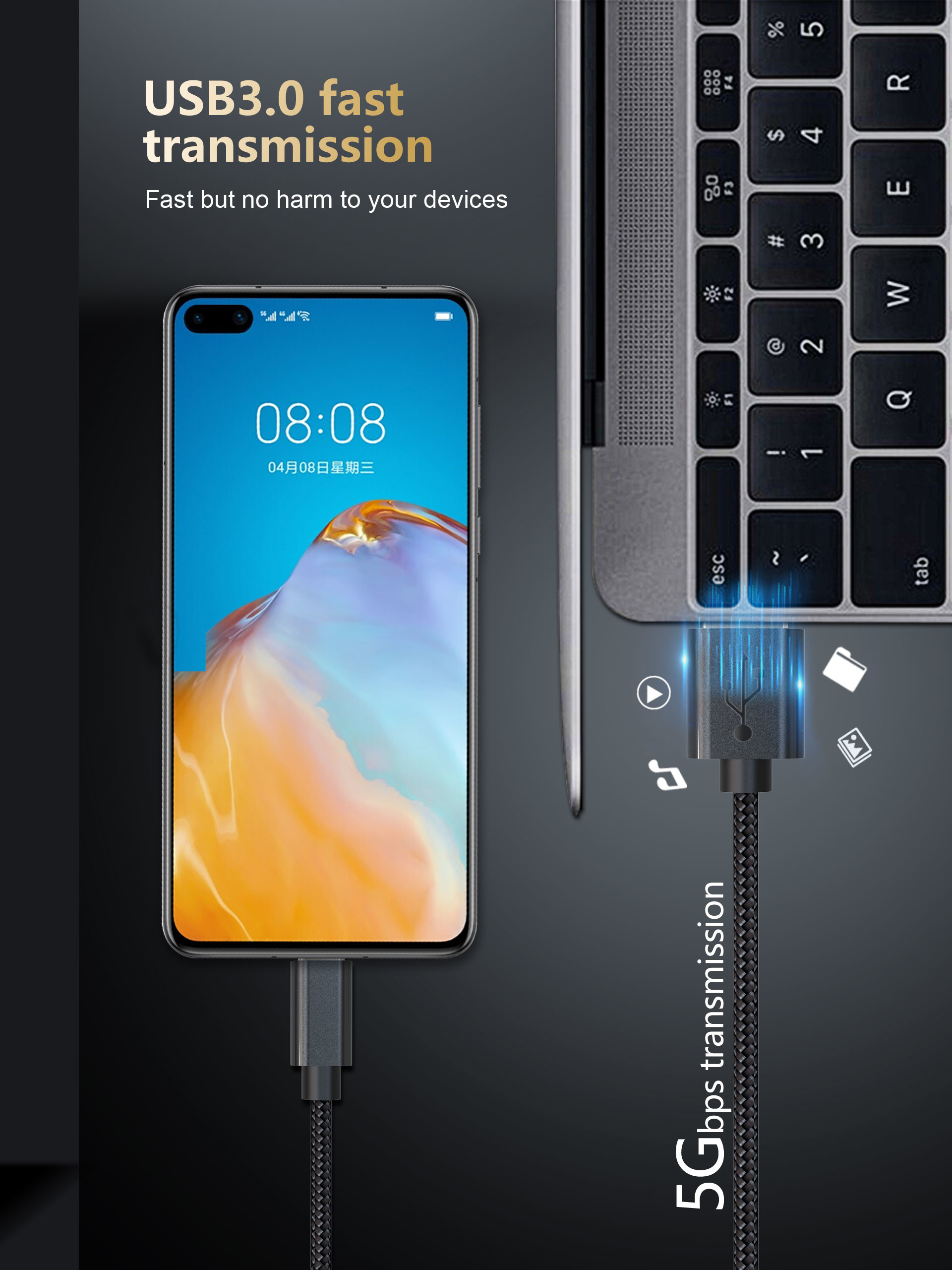 5G тип поручать Usb в 3 ноги кабеля 3a c быстрый для передачи данных