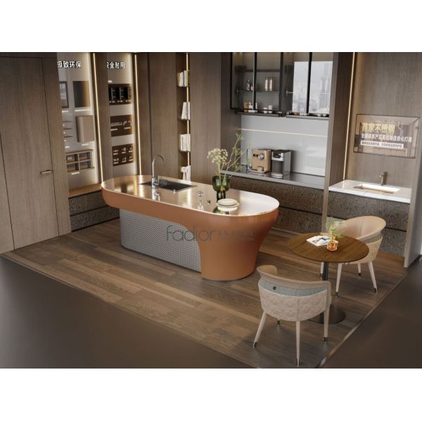 Dark Wood Stainless Steel Kitchen Cabinets with Copper Gold Island