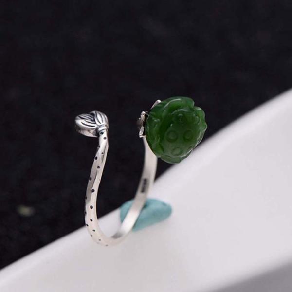 Sterling 925 Silver Sculptured Lotus Flower Natural Jade Gemstone Ring (060006)