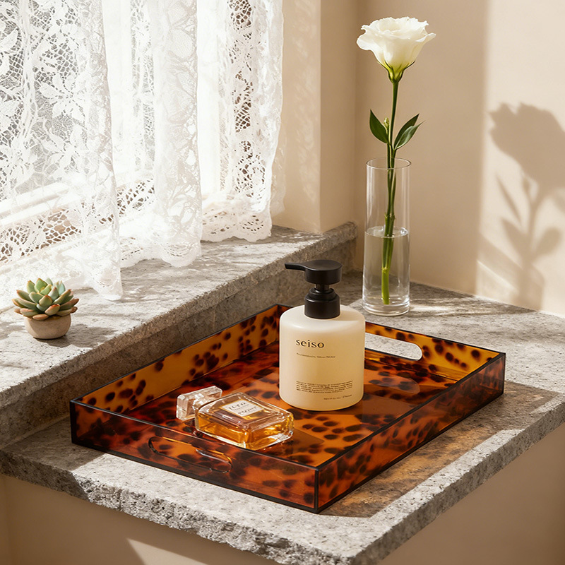 Customizable Acrylic Rectangular Leopard-print Amber Acrylic Snack Tray Makeup Storage Tray for Home