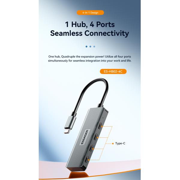 Concentrador USB de 4 puertos de aleación de aluminio 4 en 1 para portátil, tipo C