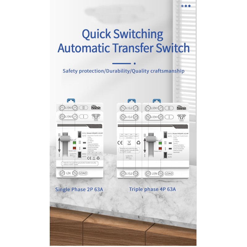 2P 230V ATS Changeover Device Dual Power 80A Din Rail PC Type Automatic Transfer Switching