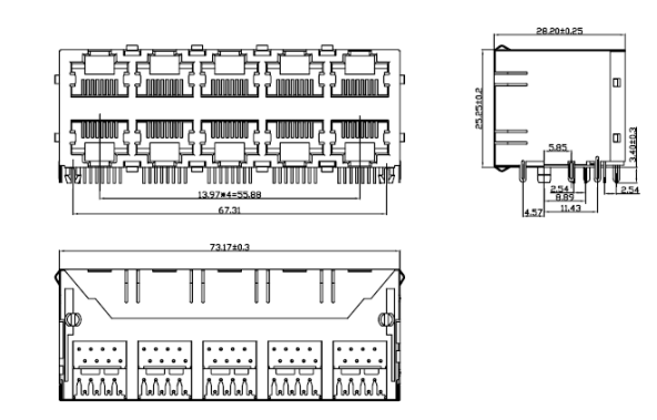 2X5 Network Switch Shielded Rj45 Jack With Internal Magnetics TM59B825T1X11