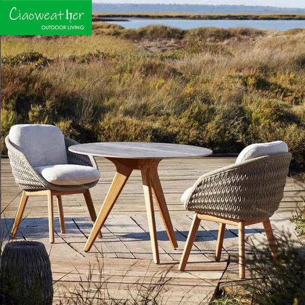Outdoor Garden Courtyard Waterproof Fabric Dining Chair with Teakwood Frame and NO Folded Design