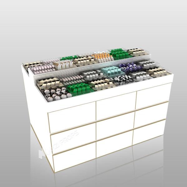 Skincare Display Fixtures White Wooden Sample With Island Embedded Light Strip For Branding Shop Stand And Premium Store Interior Design
