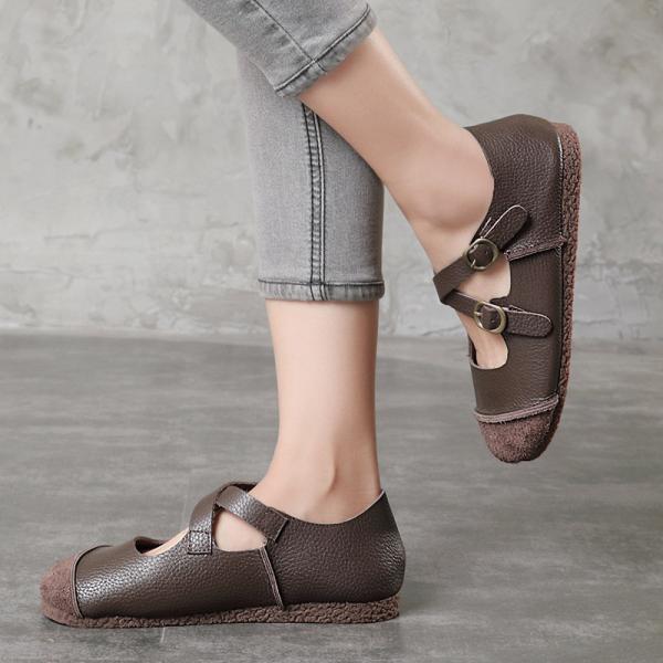 S059 Factory retro contrast stitching leather women's shoes original handmade belt buckle shallow shoes